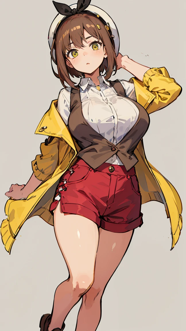 (Highest quality, 8K, masterpiece :1.3),Lizaリン・シュタウト(Lizaのアトリエ),Liza,Plump, One woman,Large Breasts,short hair,Brown Hair,hair band,Clothing,hat,White shirt,Yellow vest,Red shorts,