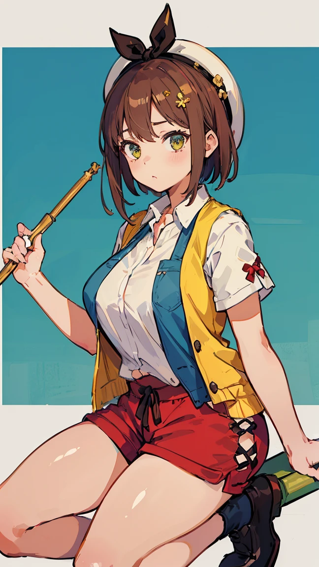 (Highest quality, 8K, masterpiece :1.3),Lizaリン・シュタウト(Lizaのアトリエ),Liza,Plump, One woman,Large Breasts,short hair,Brown Hair,hair band,Clothing,hat,White shirt,Yellow vest,Red shorts,