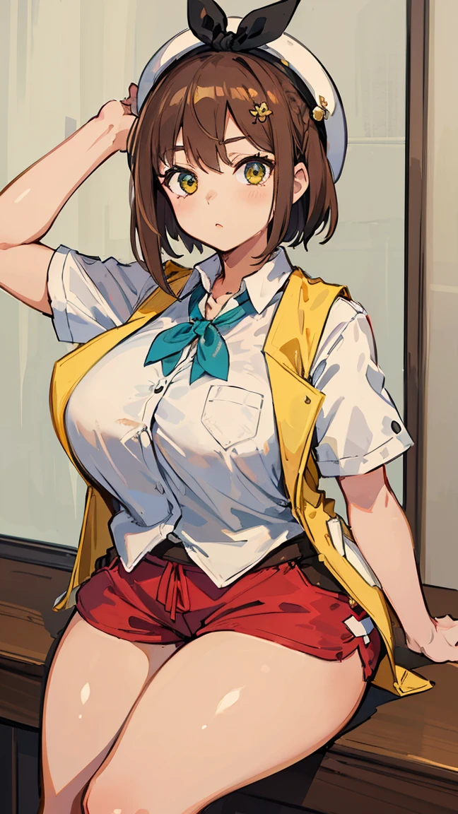 (Highest quality, 8K, masterpiece :1.3),Lizaリン・シュタウト(Lizaのアトリエ),Liza,Plump, One woman,Large Breasts,short hair,Brown Hair,hair band,Clothing,hat,White shirt,Yellow vest,Red shorts,