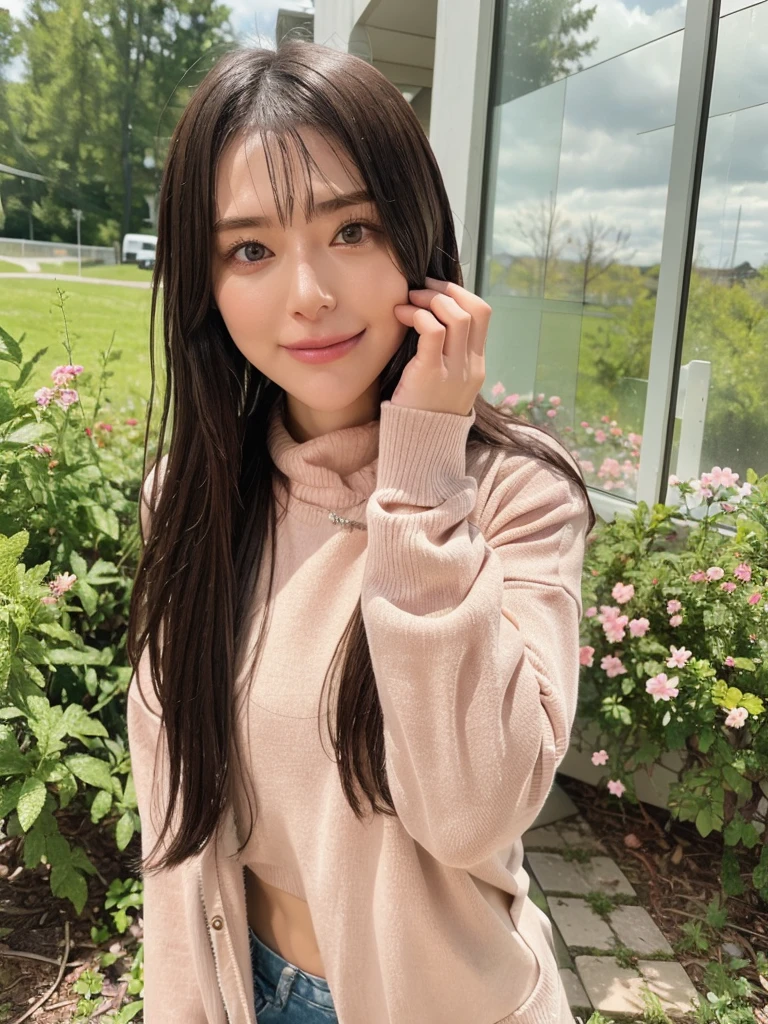 rie,One Woman,(best quality), (ultra detailed), (absolutely resolution),Face is front, 20-year-old, Through the mirror, Turtleneck and printed pants, The color of the clothes is salmon pink., The pattern on the clothes has glitter, Blonde, A meadow surrounded by flower fields