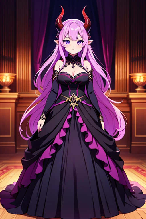 A beautiful young woman in a stunning ball gown, her eyes captivating and enchanting, with an oni-like presence, 8k, high quality, realistic, photorealistic, masterpiece, hyper detailed, vivid colors, dramatic lighting, cinematic composition , black and purple clothing , two oni horns horns , full body , 