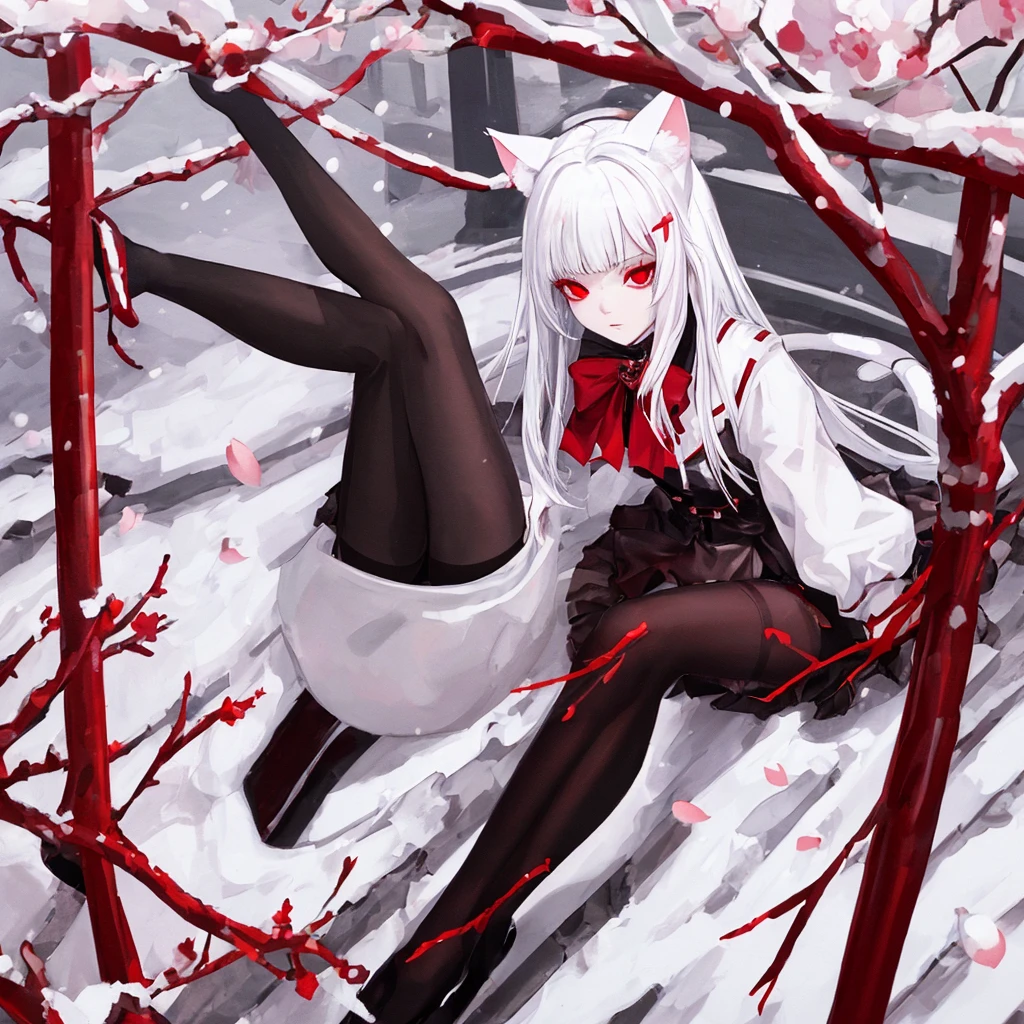 white hair, red eyes, cat ears, black pantyhose, snow, cherry blossom,