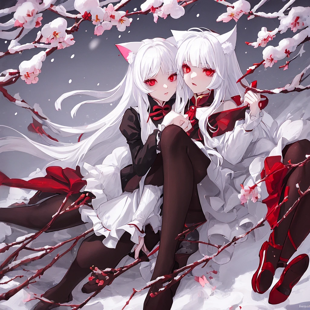 white hair, red eyes, cat ears, black pantyhose, snow, cherry blossom,