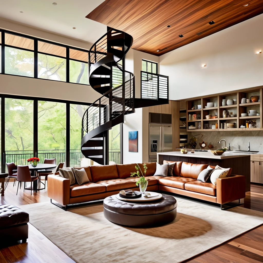 Design a contemporary loft living space that combines comfort and style. The room should feature a warm-toned sectional sofa, a large ottoman, and a soft rug to create a cozy atmosphere. A spiral staircase leads to an upper level, adding a unique architectural touch. The dining area includes a round table with modern chairs, and the kitchen area is equipped with sleek cabinetry and state-of-the-art appliances. The overall design should focus on clean lines, functional elegance, and a harmonious blend of modern and cozy elements.