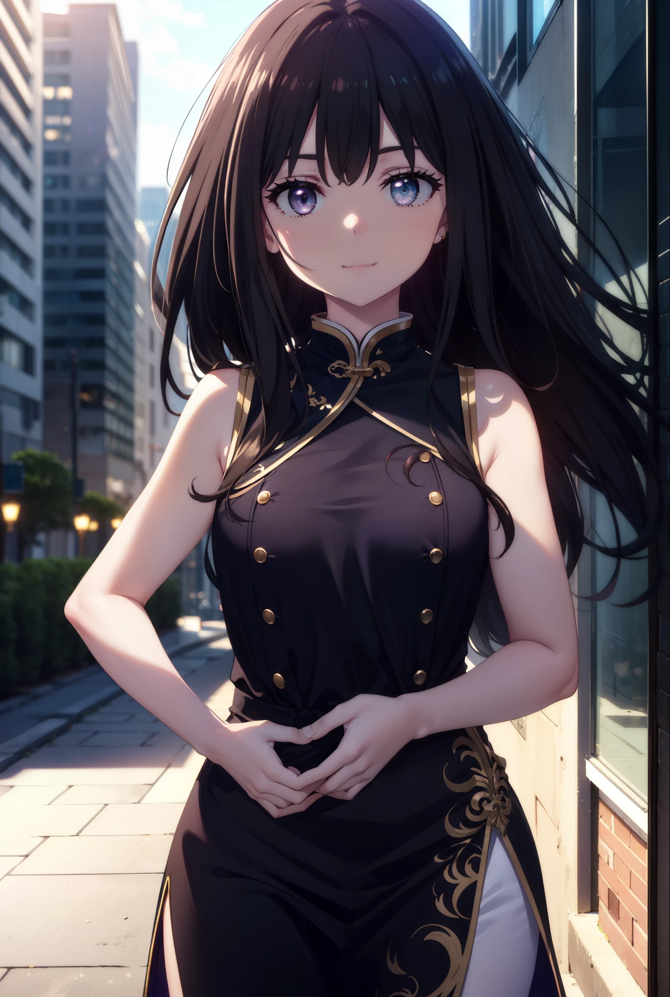 Takiuchi, Check it out, Long Hair, bangs, Black Hair, (Purple eyes:1.2),happy smile, smile, Close your mouth,Bossy,
Sleeveless blue Chinese dress,Blue long slit,Black pantyhose,Stiletto heels,whole bodyがイラストに入るように,Place your hands on your hips,
break outdoors,Building district,
break looking at viewer, whole body,
break (masterpiece:1.2), Highest quality, High resolution, unity 8k wallpaper, (shape:0.8), (Fine and beautiful eyes:1.6), Highly detailed face, Perfect lighting, Highly detailed CG, (Perfect hands, Perfect Anatomy),
break outdoors, city,
break looking at viewer, (Cowboy Shot:1.5),
break (masterpiece:1.2), Highest quality, High resolution, unity 8k wallpaper, (figure:0.8), (Beautiful attention to detail:1.6), Highly detailed face, Perfect lighting, Highly detailed CG, (Perfect hands, Perfect Anatomy),