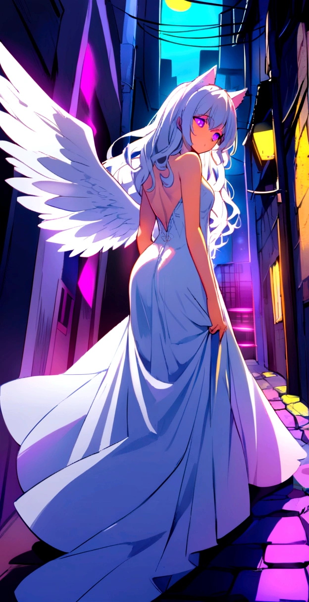 Long wavy hair that reaches the knees,White hair is very attractive, Detailed and precise manual work, Attractive girl, White cat ears,Purple glowing eyes,White eyelashes,Big angel wings,A shining ring behind the wings, White Dress, Light that makes the subject stand out, Colorful neon street,dark,night,dark,Smoke surrounds the body,Like a back alley,An angel descends in the near future,Looking down。