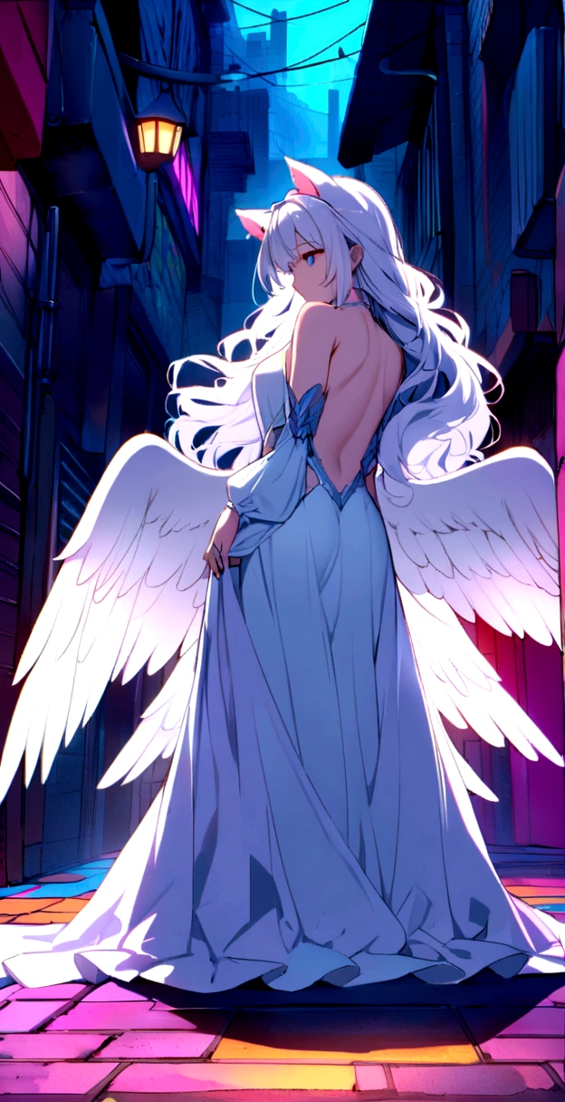 Long wavy hair that reaches the knees,White hair is very attractive, Detailed and precise manual work, Attractive girl, White cat ears,Purple glowing eyes,White eyelashes,Big angel wings,A shining ring behind the wings, White Dress, Light that makes the subject stand out, Colorful neon street,dark,night,dark,Smoke surrounds the body,Like a back alley,An angel descends in the near future,Looking down。