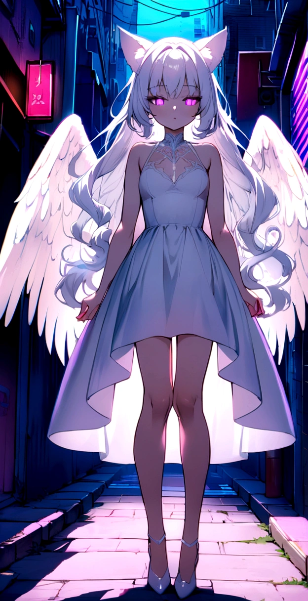Long wavy hair that reaches the knees,White hair is very attractive, Detailed and precise manual work, Attractive girl, White cat ears,Purple glowing eyes,White eyelashes,Big angel wings,A shining ring behind the wings, White Dress, Light that makes the subject stand out, Colorful neon street,dark,night,dark,Smoke surrounds the body,Like a back alley,An angel descends in the near future,Looking down。