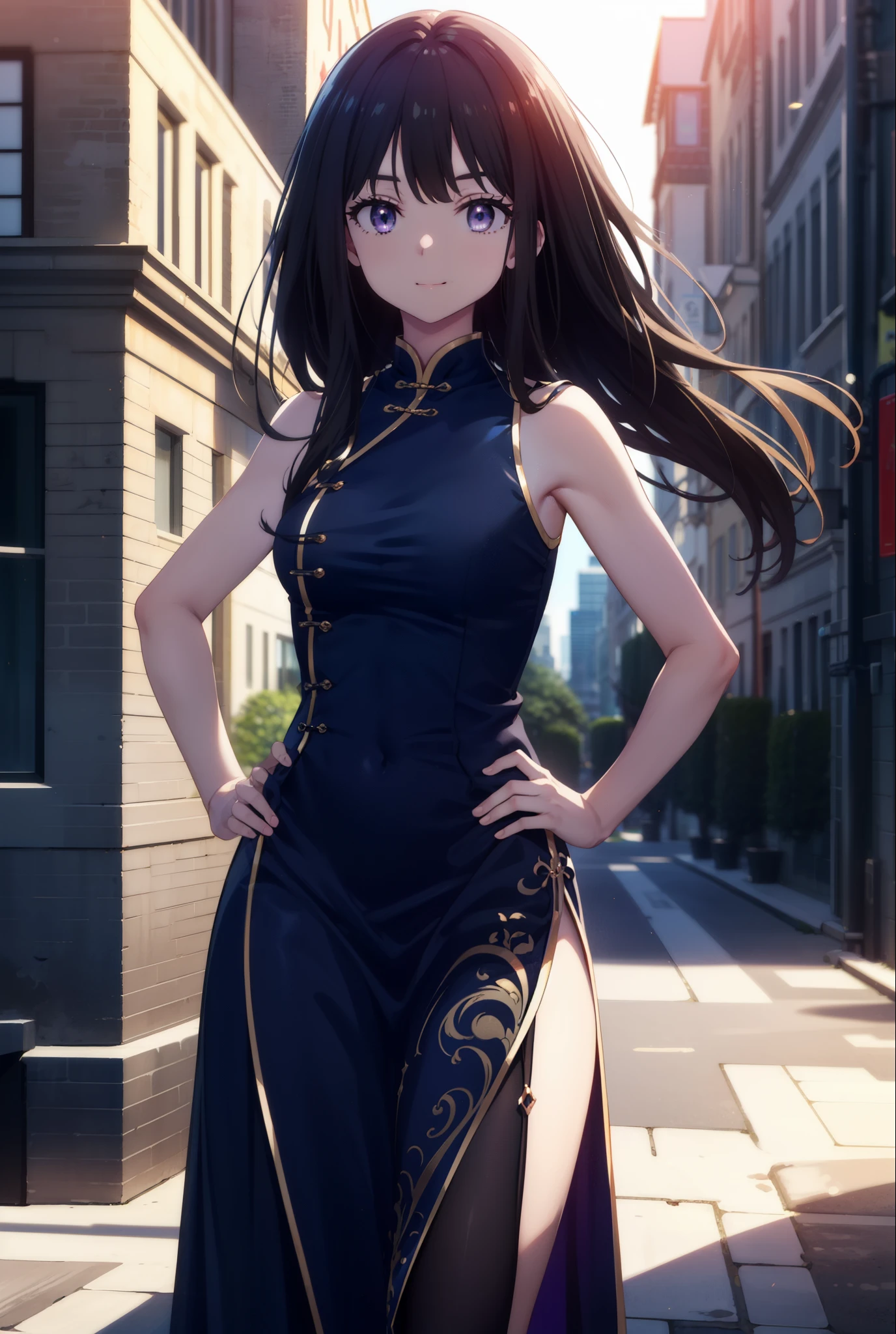 Takiuchi, Check it out, Long Hair, bangs, Black Hair, (Purple eyes:1.2),happy smile, smile, Close your mouth,Bossy,
Sleeveless blue Chinese dress,Blue long slit,Black pantyhose,Stiletto heels,whole bodyがイラストに入るように,Place your hands on your hips,
break outdoors,Building district,
break looking at viewer, whole body,
break (masterpiece:1.2), Highest quality, High resolution, unity 8k wallpaper, (shape:0.8), (Fine and beautiful eyes:1.6), Highly detailed face, Perfect lighting, Highly detailed CG, (Perfect hands, Perfect Anatomy),
break outdoors, city,
break looking at viewer, (Cowboy Shot:1.5),
break (masterpiece:1.2), Highest quality, High resolution, unity 8k wallpaper, (figure:0.8), (Beautiful attention to detail:1.6), Highly detailed face, Perfect lighting, Highly detailed CG, (Perfect hands, Perfect Anatomy),
