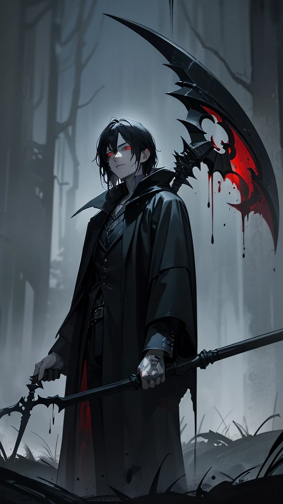 a male grim reaper, 20 years old, black hair, red eyes, piercing gaze, tattered black cloak, carrying a large scythe, moonlit night, bathed in moonlight, eerie atmosphere, dripping blood, 1 male, highly detailed face, dramatic lighting, realistic, dark fantasy, dramatic pose, chiaroscuro, cinematic, moody, supernatural, horror, gothic, dramatic shadows, ominous, supernatural, dark, gritty, photorealistic, hyper detailed, masterpiece