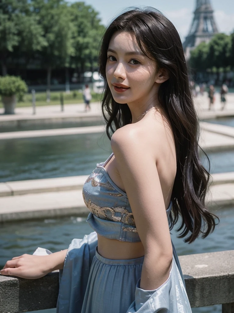 (masterpiece, best quality:1.2), (8k uhd, 16k, 32k, ultra high res), (photorealistic:1.37), (RAW photo), ultimate-realistic, ultimate-realistic details, ultimate-realistic texture, ultimate-intricate details, ultimate-realistic lighting, ultimate-realistic shadow, japanese girl, 24yo, ultimate-cute face, ultimate-RAW skin, ultimate-eyes, A photo of Mijiru's detailed face and body, ((from front bottom, quite a bit body)), looking at the sky with hopeful and big smile on her face, ((Liv tyler mixed face:0.9)), Mijiru is a time-traveler with a strong body foundation and a tight up rose gold hair, dressed bare shoulders ‘Jan Vermeer’ graphics pattern designed loosen crop top, hands up, dynamic pose, The renaissance seine riverscape background should be bright, exotic and with a crowd that has different cultures, centered, luminism, black eye, cinematic, Isometric, awesome full color, insanely detailed, film grain, Hasselblad X2D 100C + XCD 2,5/25V, F/1.8, (cinematic still:1.2), 35mm photograph, film, bokeh, professional, 4k, highly detailed, perfect fingers ,Extremely Realistic, UHD, arwen,