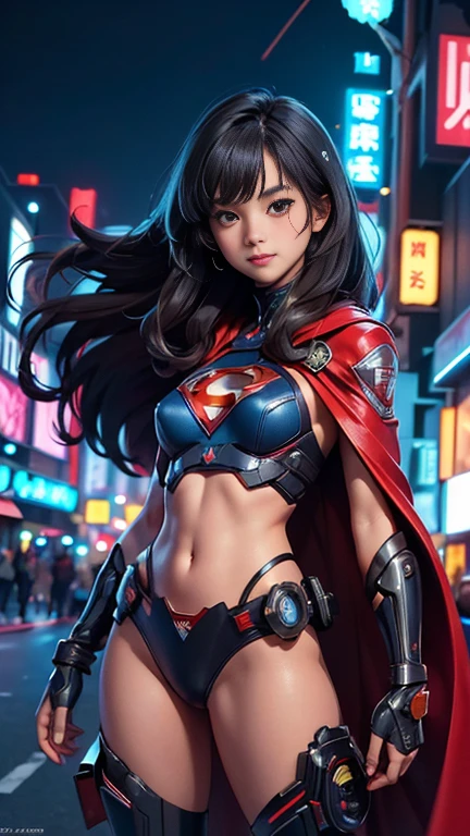 (8k),(masterpiece),(Japanese),(8-year-old girl),((innocent look)),((Beautiful)),From the front and above,smile,cute,Innocent,Kind eyes,flat chest, Slender,Hairless vagina,red cape, Blue Superman costume,semi-long,Hair blowing in the wind,Black Hair,strong wind,night,big cinematic explosion on a dark midnight neon light cyberpunk city