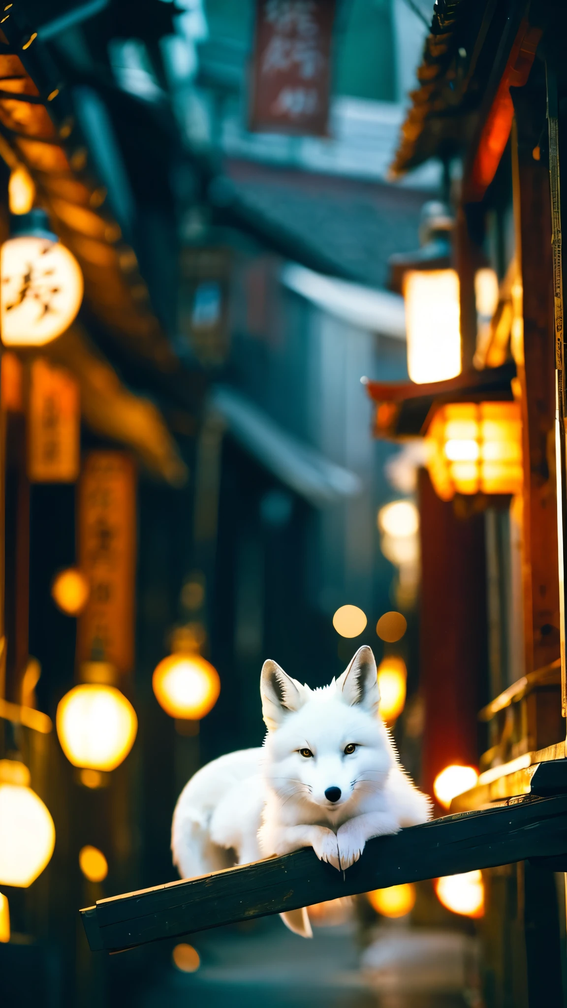 White fox、Close-up、night、Japan Road、shrine、Low - Angle、Dynamic composition、Background blur