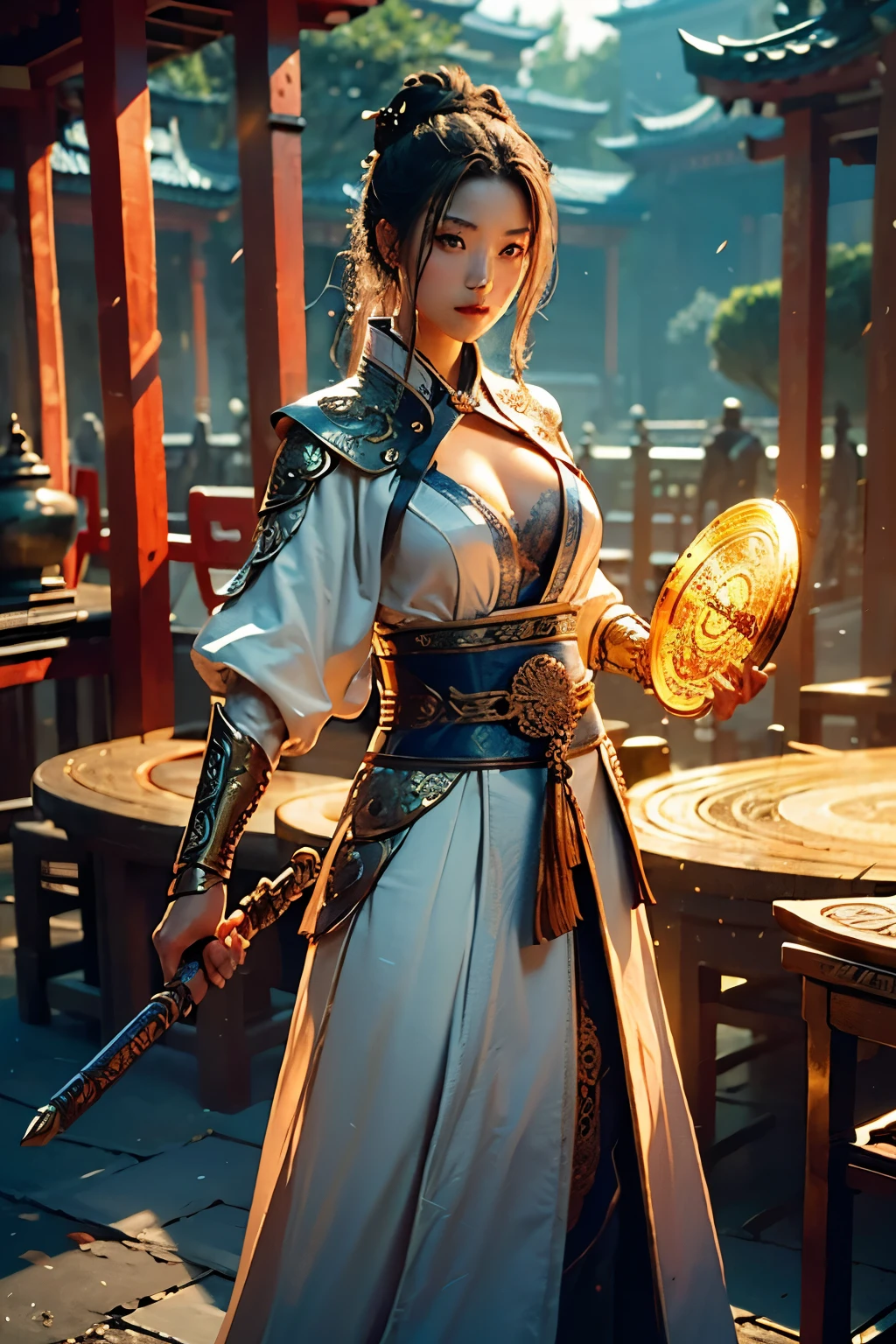Best quality,masterpiece,ultra high res,(photorealistic:1.4),xiuxian,weapon,Detailed face,
1girl,solo,weapon,cleavage,(magic circle:1.2),xiuxian,upper body,Beautiful girl,full body,east asian architecture,sheath,architecture,
