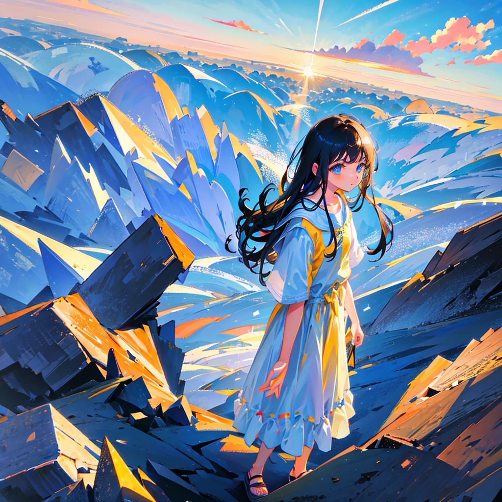 A girl looks down on the town from a hill. The girl has a sad expression.