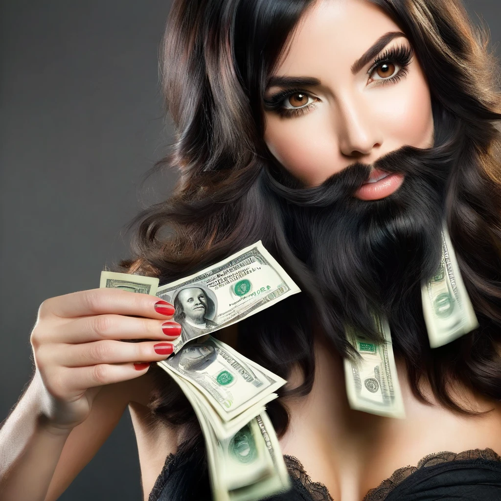 
bearded woman beautiful shaggy beard, black hair, brown eyes, eyeliner, proud smile, seductive look, hold a load of dollar bills