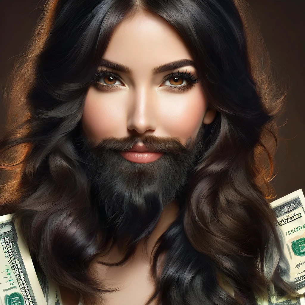 
bearded woman beautiful shaggy beard, black hair, brown eyes, eyeliner, proud smile, seductive look, hold a load of dollar bills