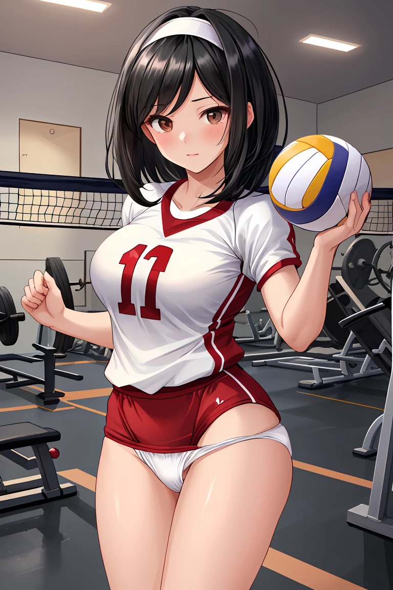Beauty mother-in-law Black Hair hair band volleyball gym Panty shot White underwear