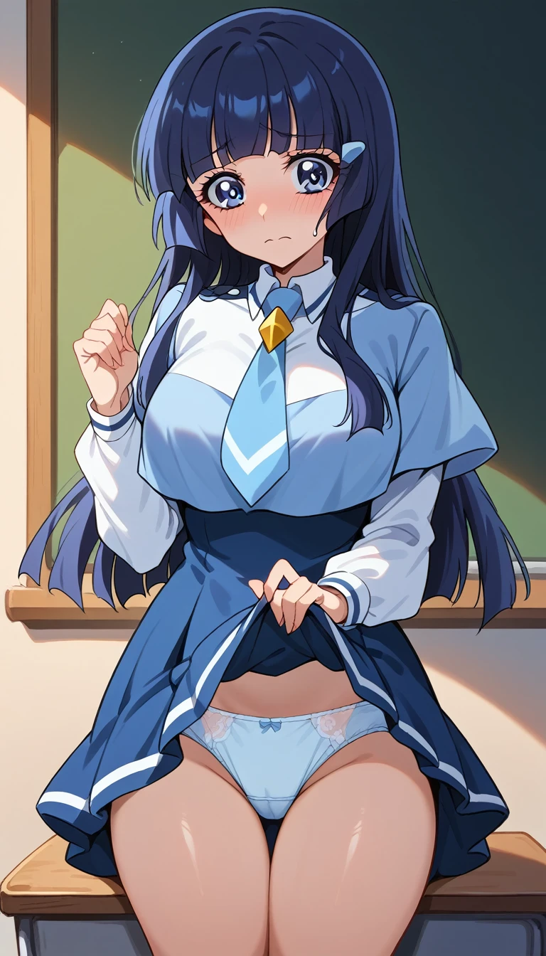 Score 9, Score 8 up, Score 7 up, The rating is questionable,
Detailed Background, Shiny skin,Reika Aoki,
Reika Aoki, straight long blue hair, blunt bangs, blue eyes, nanairogaoka middle , blue necktie, long sleeves, blue top,nsfw,panties,lift up skirt,,large breasts,whole body,thin,embarrassed,daytime,in the classroom,anime style,high quality,masterpiece,highly detailed