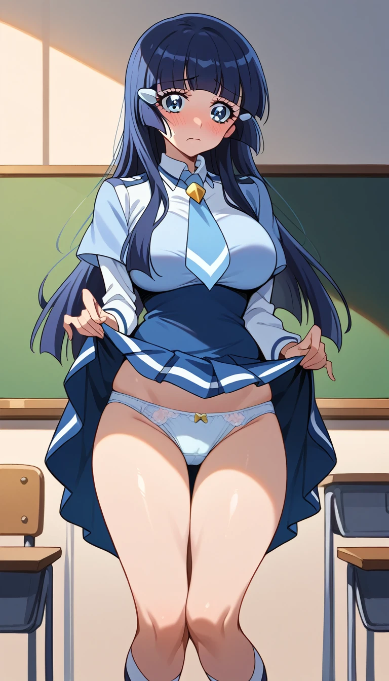 Score 9, Score 8 up, Score 7 up, The rating is questionable,
Detailed Background, Shiny skin,Reika Aoki,
Reika Aoki, straight long blue hair, blunt bangs, blue eyes, nanairogaoka middle , blue necktie, long sleeves, blue top,nsfw,panties,lift up skirt,,large breasts,whole body,thin,embarrassed,daytime,in the classroom,anime style,high quality,masterpiece,highly detailed