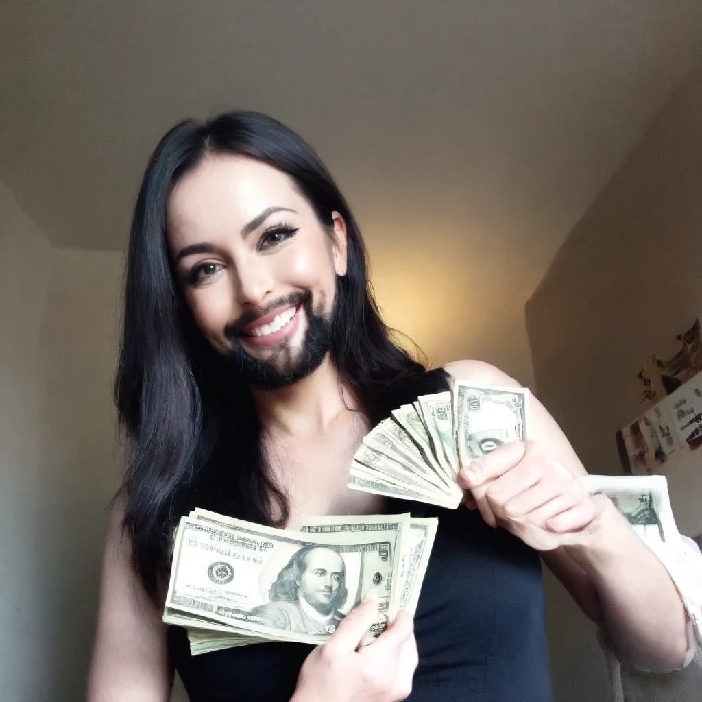 
bearded woman beautiful shaggy beard, black hair, brown eyes, eyeliner, proud smile, seductive look, hold a load of dollar bills