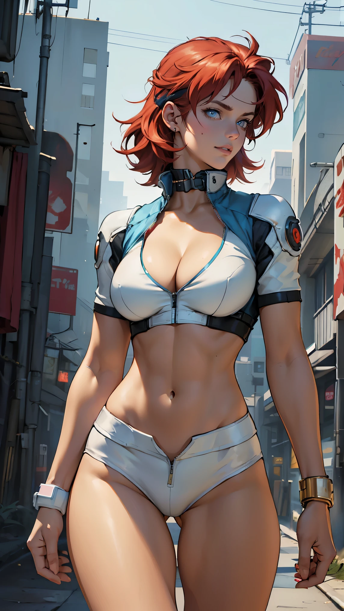 ((Masterpiece, highest quality; 1.3)), super quality, beautiful detail, super detailed, extra fine, 16K, exquisite, absurd, high resolution, beautiful background, detailed background, beautiful eyes, beautiful skin, anime style, Kay from Dirty Pair in a white outfit, tight outfit, cleavage, bushy redhead beauty, very light blue uniform, wearing tight clothes, skimpy, (mid chest: 1.2), cleavage, cleavage, slim waist , thin waist, slim thighs, thin legs, slim legs. thigh gap, showing stomach, skinny, thin hips, cyberpunk city background, holding retro space gun , headband,