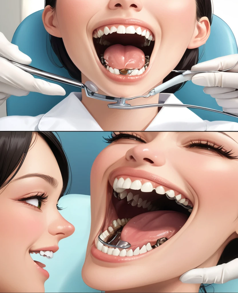 arafed woman getting her teeth checked by a dentist, Highly detailed back mouse, Drooling and baring teeth, Smaller mouth, Delicate jaws, Small chin, Underbite, Hinged jaw, dentist, The taste is simple and pleasant, Biomechanical open chewing mouth, Small and big smile, An unpleasant crooked smile, A kind smile, Open your mouth wide, Mouth details, Straight Joe