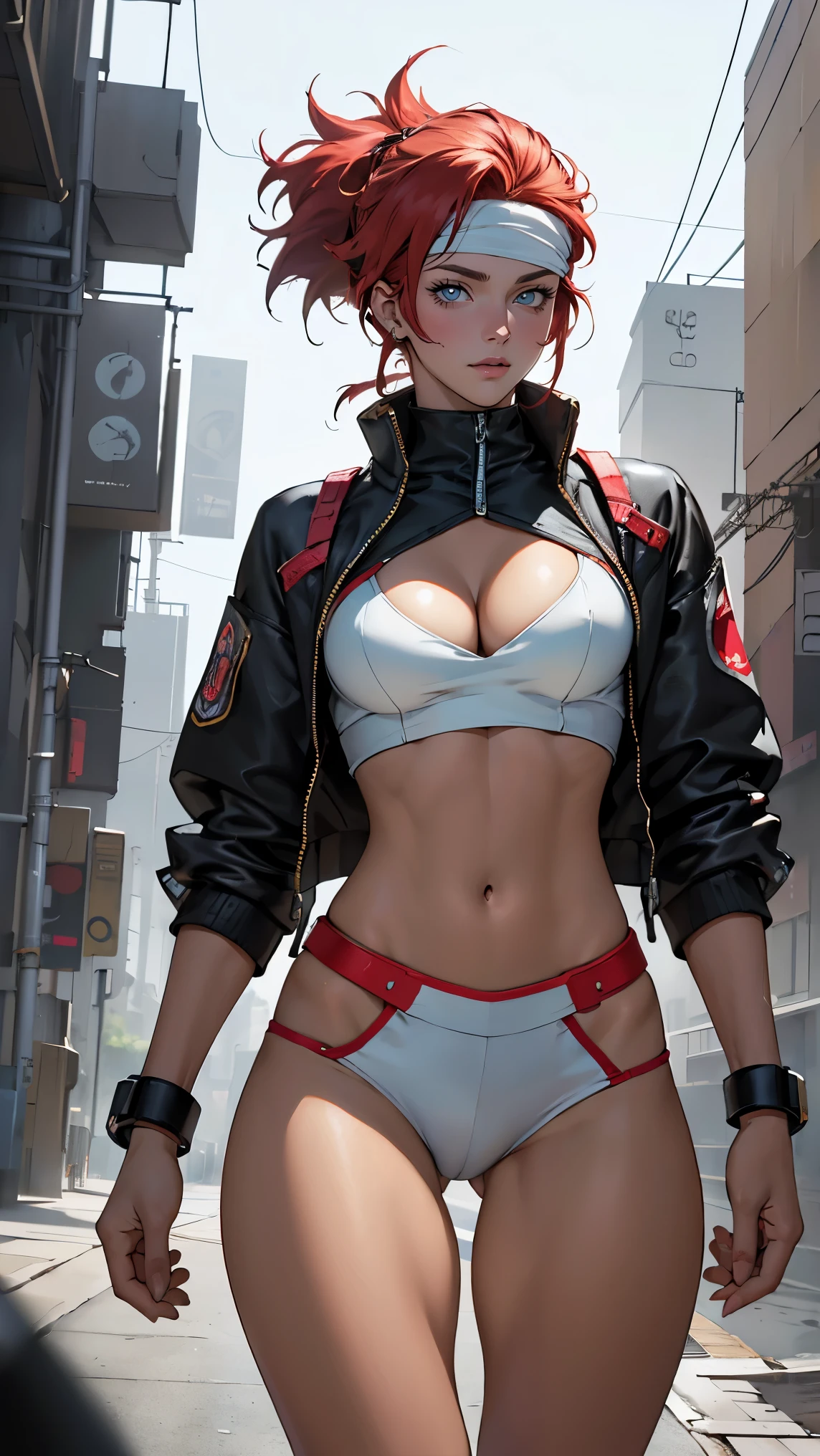 ((Masterpiece, highest quality; 1.3)), super quality, beautiful detail, super detailed, extra fine, 16K, exquisite, absurd, high resolution, beautiful background, detailed background, beautiful eyes, beautiful skin, anime style, Kay from Dirty Pair in a white outfit, tight outfit, cleavage, bushy redhead beauty, very light blue uniform, wearing tight clothes, skimpy, (mid chest: 1.2), cleavage, cleavage, slim waist , thin waist, slim thighs, thin legs, slim legs. thigh gap, showing stomach, skinny, thin hips, cyberpunk city background, holding retro space gun , headband, 