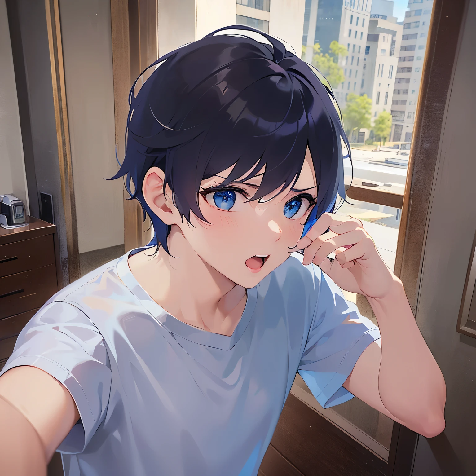 (hand up:1.2), (looking away:1.5), upper body、shiny skin, masterpiece、Highest quality、(25-year-old male:1.5) and (Black short hair) and (blue eyes), White T-shirt、Are standing、open mouth, (surprised:1.2)、The background is the living room、alone