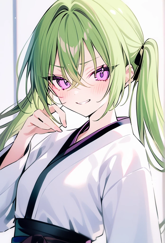 rurudo, 1girl, solo, mint hair, purple eyes, karate club, harsh smile, thick twintails