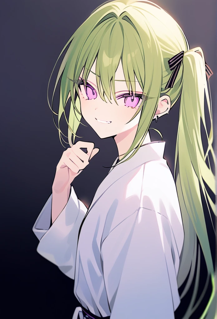 rurudo, 1girl,  solo,  mint hair, purple eyes, karate club, harsh smile, thick twintails