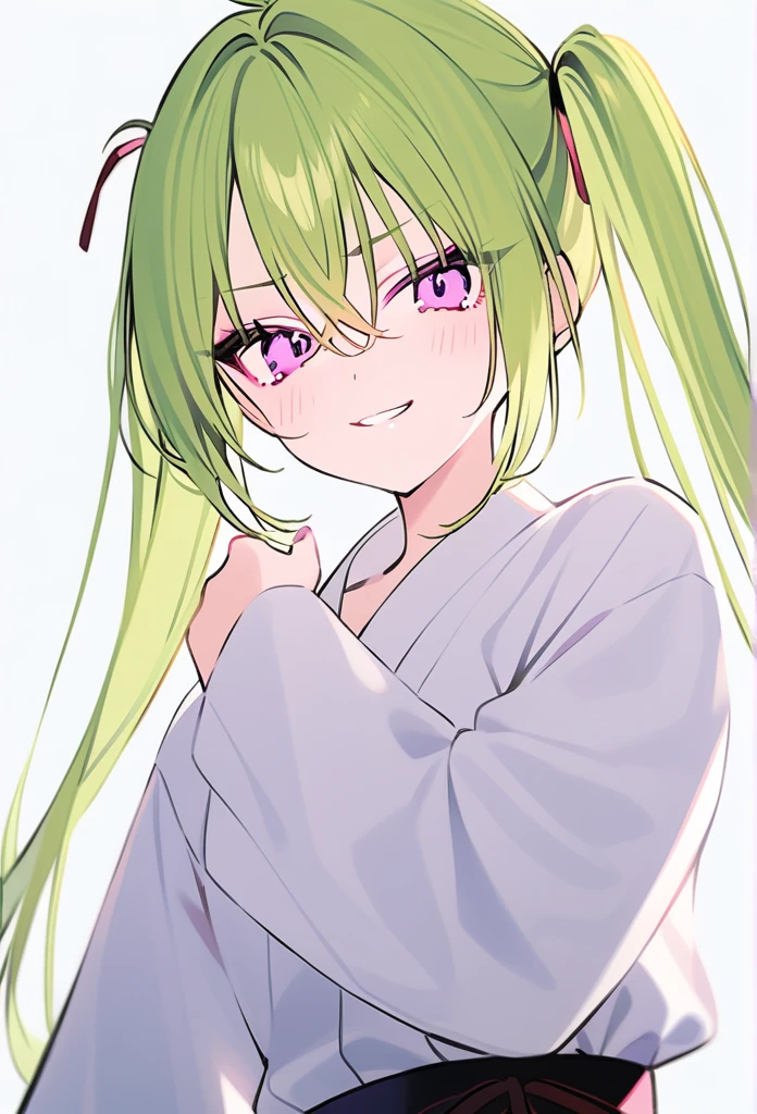 rurudo, 1girl,  solo,  mint hair, purple eyes, karate club, harsh smile, thick twintails