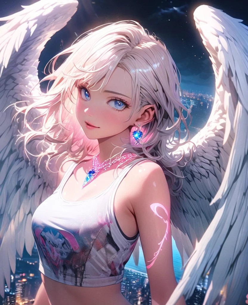 8K,Gal，Beautiful and realistic skin,Shiny jewel-like earrings，Pink glowing tattoo,Long white hair,blue eyes,Tank top,Angel Wings,whole body,Night view