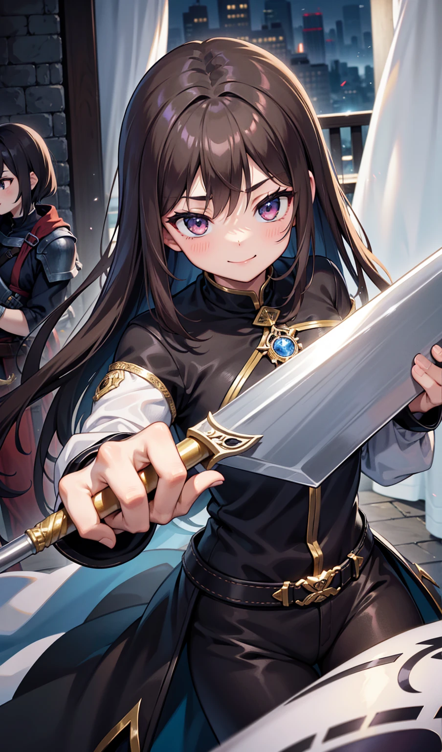 Human Woman、smile、Dark Brown Hair、Silver Swordsman、Lock the curtains、Uplifting、whole body、battlefield、Fighting monsters、Perfect hands、Perfect Fingers