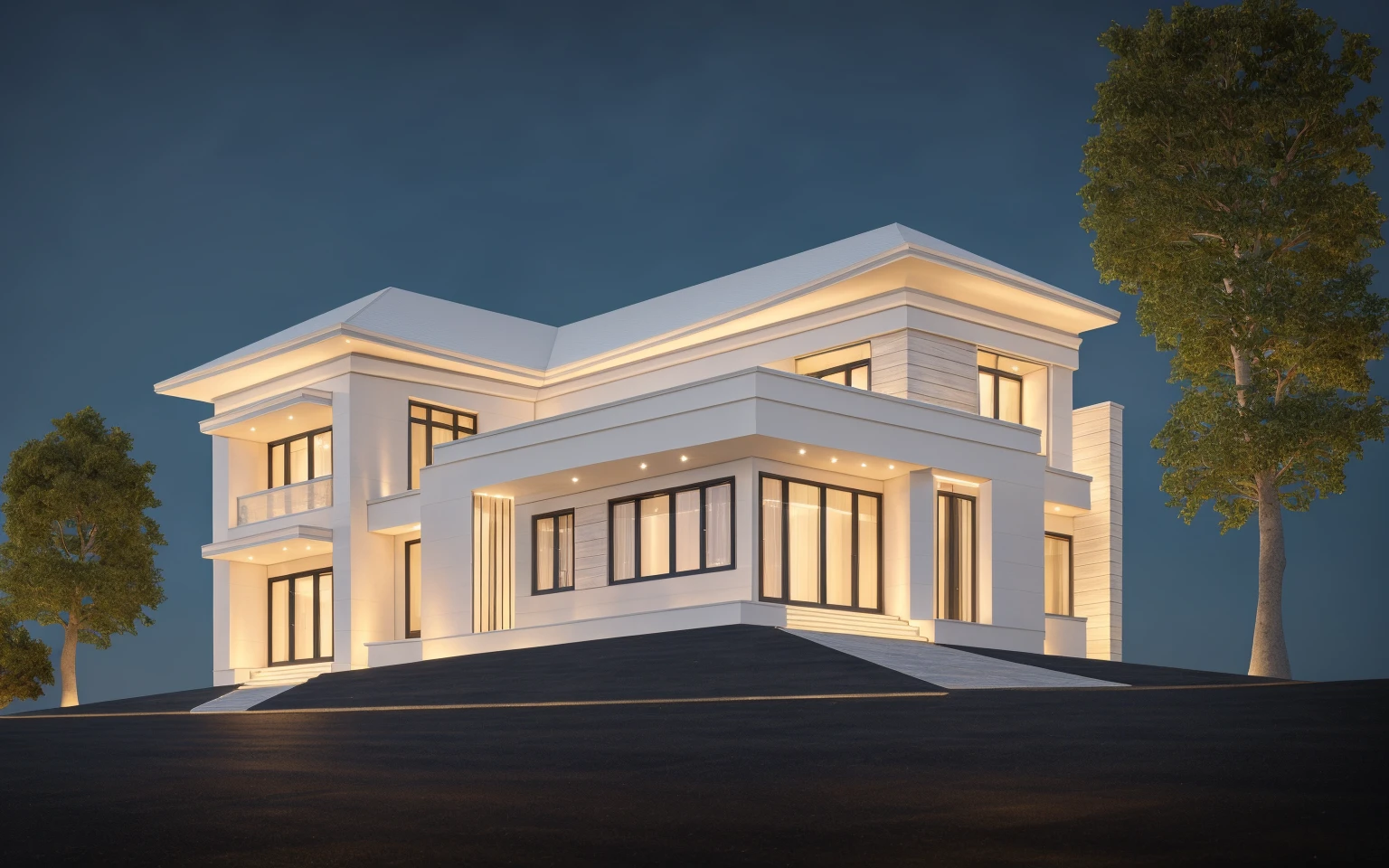 PLATFORM KTHOUSE, 1 neoclassic villa:1.5 , slope roof, neoclassic moldings:1.3, main material of villa about build color wall:1.2 glass panel:1.1 and stone:1.2, 1large yard, 1 road runs in front of the house, (RAW photo, real, best quality, masterpiece:1.2), look morden minimalist, 1 road in front of the house, dynamic lighting:1.3, (hyper realistic, photo-realistic:1.2), high quality, (dark lighting:1.2), perfect lighting, archdaily, no human, light at 12 noon, light in door:1.2