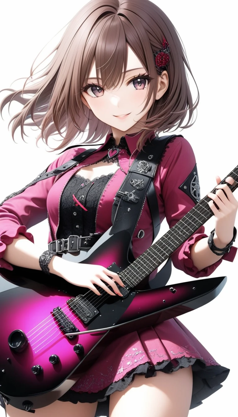 (((White background:1.2)))、(masterpiece、Ultra HD、Masterpiece、4K)、Perfect Style、A Scandinavian gothic metal girl playing a flashy electric guitar vigorously., Intense gaze into the camera, Intricate details, Highly detailed eyes, Brown bob hair、Pink Gothic Dress, Flash photography, Intricate details、smile、mini skirt、Dynamic Movement、(((The entire guitar is visible:1.5)))
