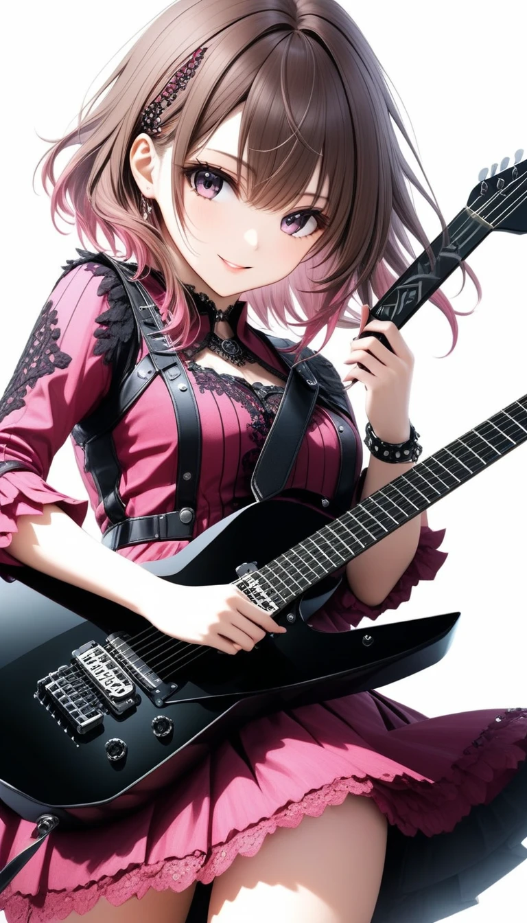 (((White background:1.2)))、(masterpiece、Ultra HD、Masterpiece、４K)、Perfect Style、A Scandinavian gothic metal girl playing a flashy electric guitar vigorously., Intense gaze into the camera, Intricate details, Highly detailed eyes, Brown bob hair、Pink Gothic Dress, Flash photography, Intricate details、smile、mini skirt、Dynamic Movement、(((The entire guitar is visible:1.5)))