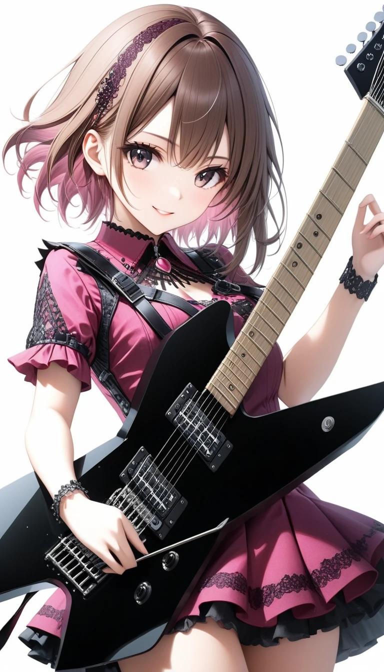 (((White background:1.2)))、(masterpiece、Ultra HD、Masterpiece、４K)、Perfect Style、A Scandinavian gothic metal girl playing a flashy electric guitar vigorously., Intense gaze into the camera, Intricate details, Highly detailed eyes, Brown bob hair、Pink Gothic Dress, Flash photography, Intricate details、smile、mini skirt、Dynamic Movement、(((The entire guitar is visible:1.5)))