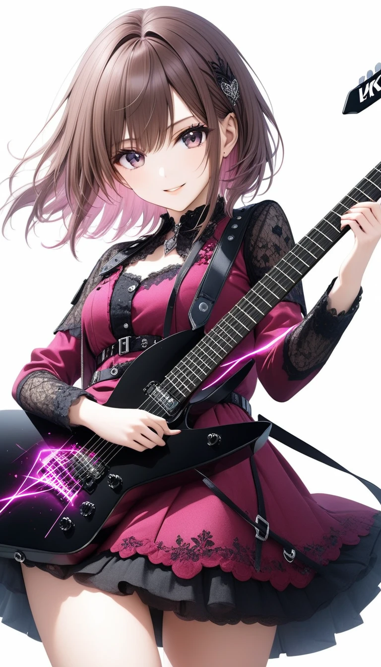 (((White background:1.2)))、(masterpiece、Ultra HD、Masterpiece、4K)、Perfect Style、A Scandinavian gothic metal girl playing a flashy electric guitar vigorously., Intense gaze into the camera, Intricate details, Highly detailed eyes, Brown bob hair、Pink Gothic Dress, Flash photography, Intricate details、smile、mini skirt、Dynamic Movement、(((The entire guitar is visible:1.5)))
