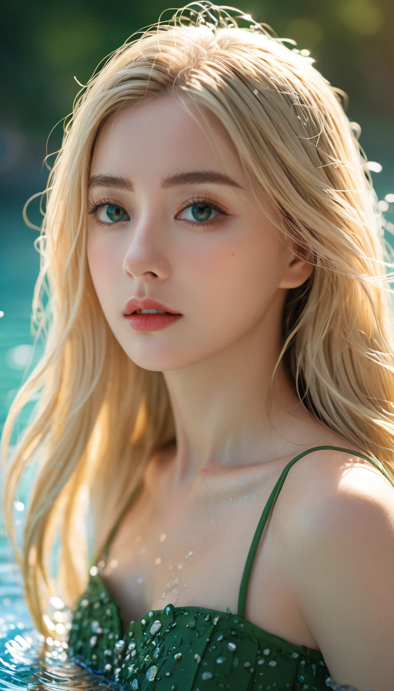 masterpiece, best quality, Ultra Detailed, illustration, Beautiful details, Depth of Field, Dynamic Angle, 8K wallpaper, portrait, Best light and shadow quality, 4K, 8K, CG, Fine details, Blurred background, Upper Body, contemporary, skirt, Blonde, Long hair, beautiful eyes, Beautiful water splash