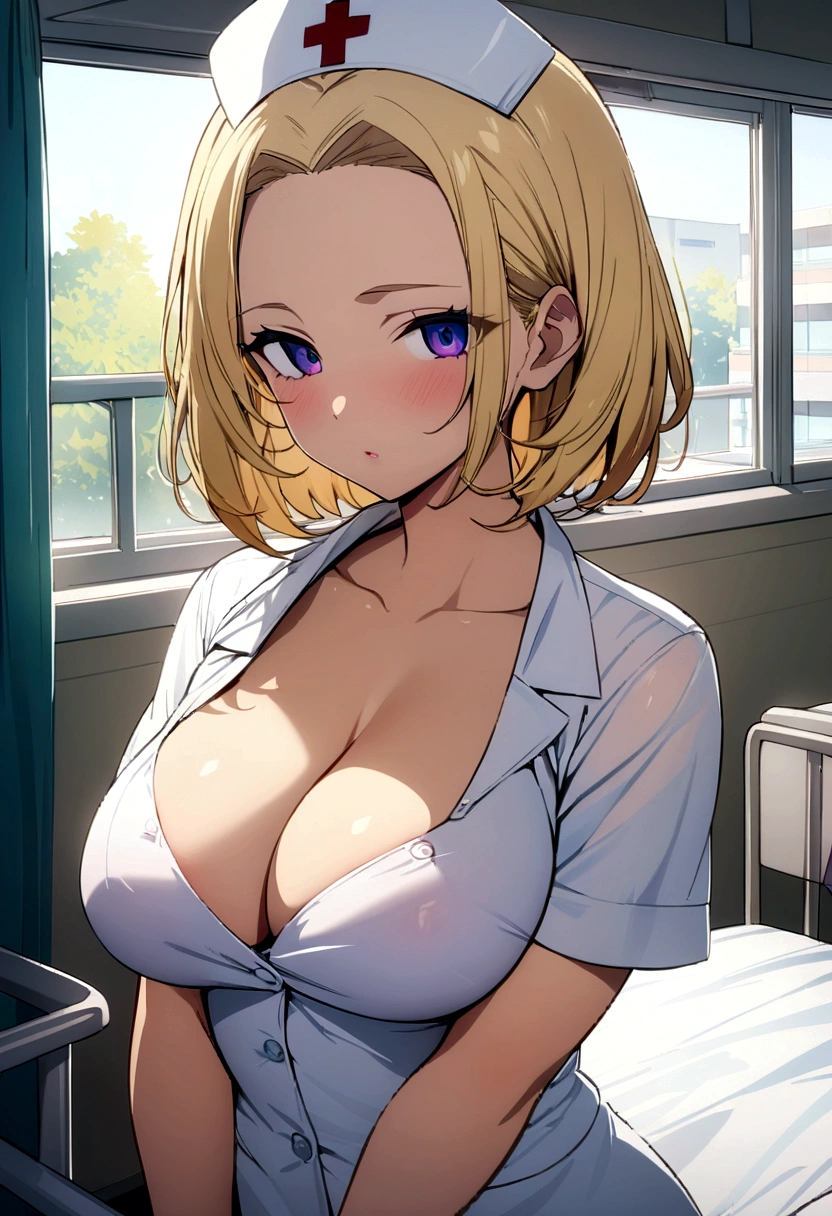 One Woman, Highest quality, masterpiece, Ultra HD, Beautiful breasts, Cleavage, anime, Forehead visible, super beautiful, high school girl, Beautiful breasts, Shapely breasts, Upper Body, nurse, Blonde, short hair, Gal, hospital, Hospital room,