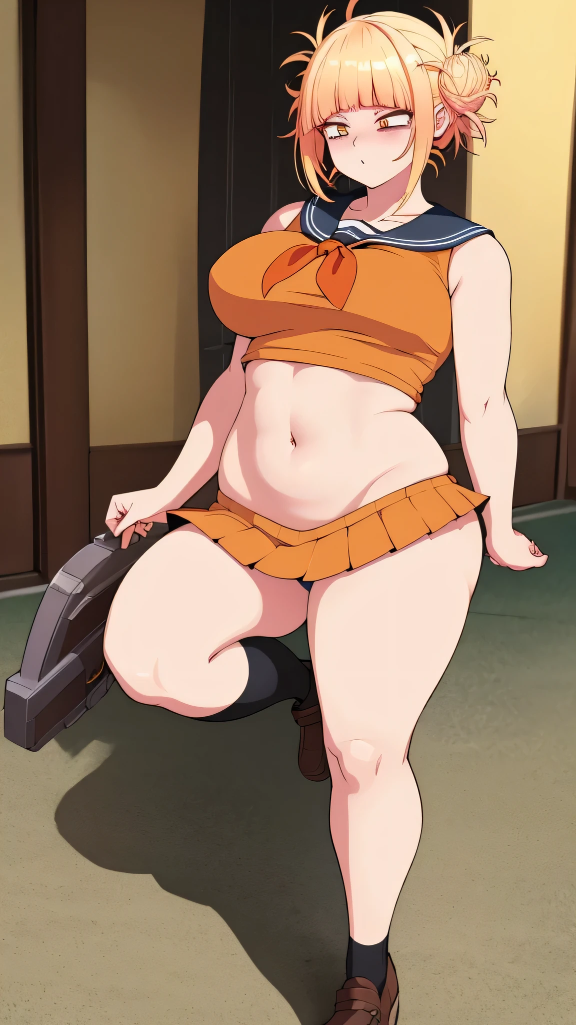 A girl truncheon beautiful crazy psycho beautiful y cute big breir braid ball yellow shine short cut her eye brown sleepless eye stress mood good dresses orange top green stripe sleeveless cheerleader shows navel and a short bright orange skirt black heel