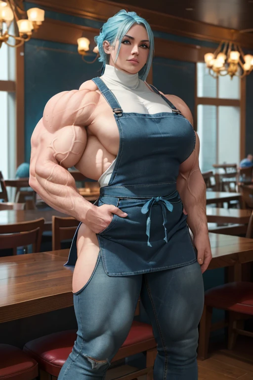 ((((Massive beautiful, buff, bulky, pale white skinned muscular, female chef with cyan hair, ginormous bulky muscles, cooking and wearing a cyan turtleneck sweater with a denim pants and a long apron)))), close view, vascular, massive muscle, massive biceps, hyper muscle shoulders, vascular shoulders, hyper muscle triceps, (long beachy hair), purple eyes, (denim pants), (high heel boots), sensual smile, (a long apron), (in a restaurant), at evening, Vascular arms, hyper vascular arm, hyper muscles arms, hyper muscle legs, massive buff arms