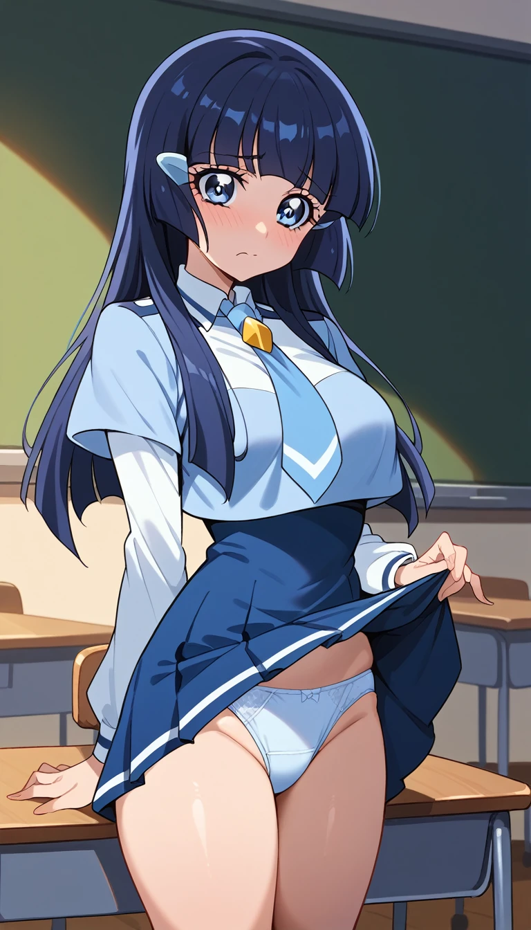Score 9, Score 8 up, Score 7 up, The rating is questionable,
Detailed Background, Shiny skin,Reika Aoki,
Reika Aoki, straight long blue hair, blunt bangs, blue eyes, nanairogaoka middle , blue necktie, long sleeves, blue top,nsfw,panties,lift up skirt,,large breasts,whole body,thin,embarrassed,daytime,in the classroom,anime style,high quality,masterpiece,highly detailed