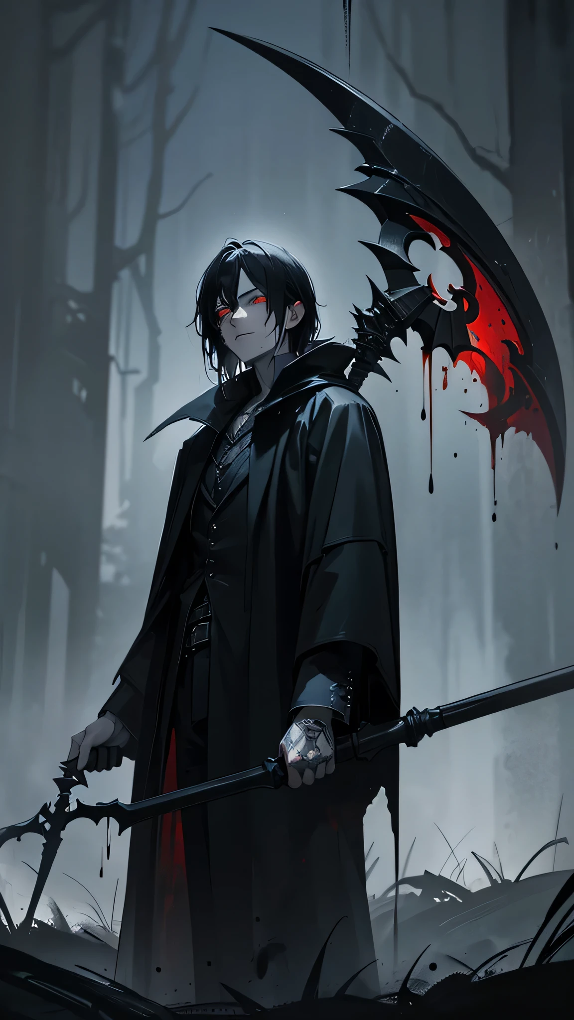 a male grim reaper, 20 years old, black hair, red eyes, piercing gaze, tattered black cloak, carrying a large scythe, moonlit night, bathed in moonlight, eerie atmosphere, dripping blood, 1 male, highly detailed face, dramatic lighting, realistic, dark fantasy, dramatic pose, chiaroscuro, cinematic, moody, supernatural, horror, gothic, dramatic shadows, ominous, supernatural, dark, gritty, photorealistic, hyper detailed, masterpiece
