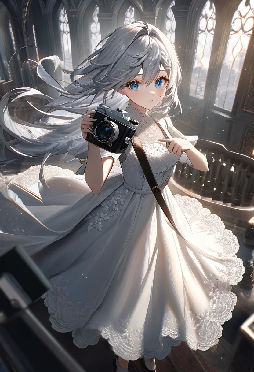 Eula from Genshin Impact, elegant lady, graceful pose, detailed face, beautiful eyes, detailed lips, long eyelashes, detailed facial features, black and white dress, intricate lace design, flowing hair, soft lighting, atmospheric setting, cinematic camera angle, photorealistic, ultra-detailed, 8k, high quality, masterpiece, digital art