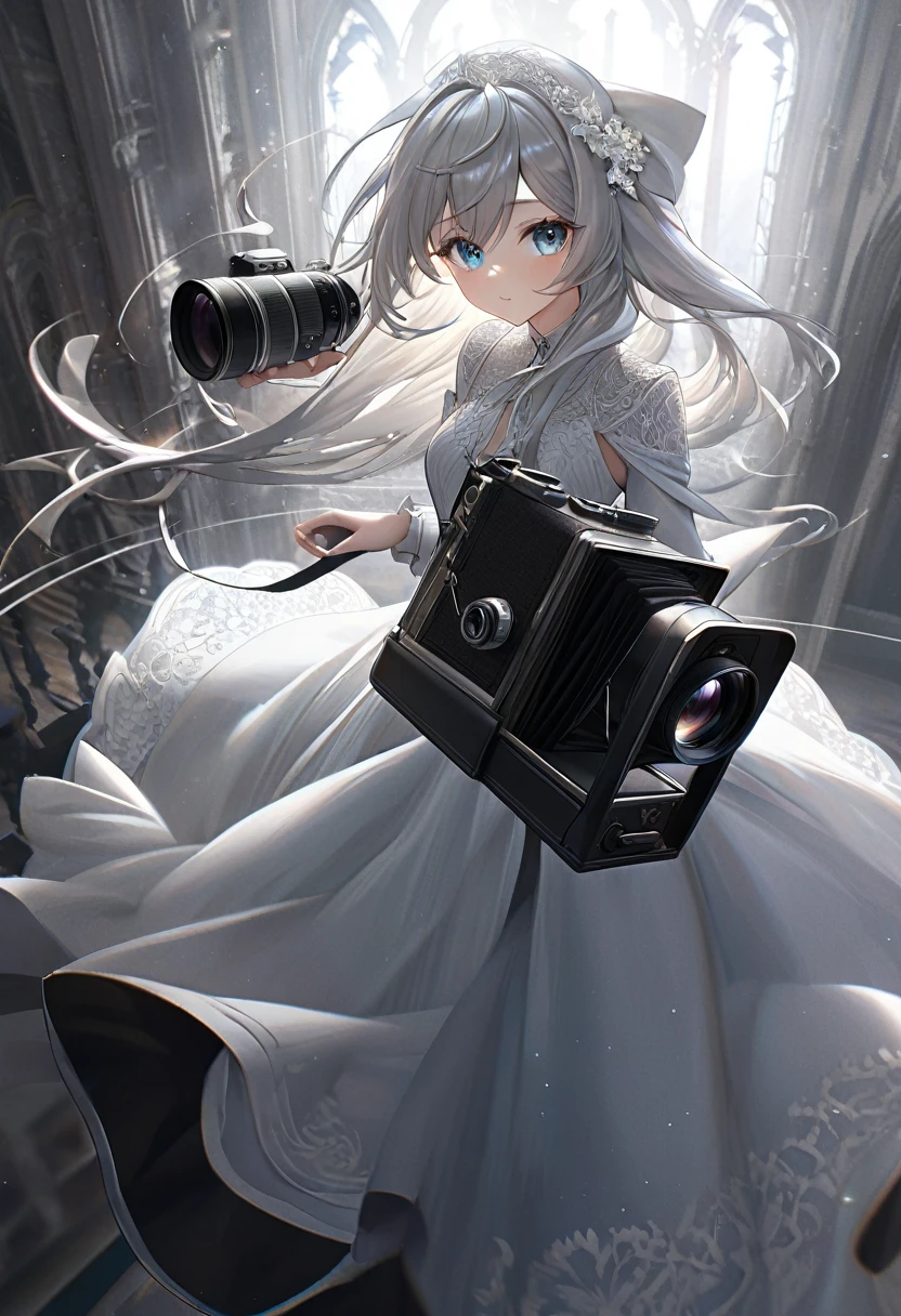 Eula from Genshin Impact, elegant lady, graceful pose, detailed face, beautiful eyes, detailed lips, long eyelashes, detailed facial features, black and white dress, intricate lace design, flowing hair, soft lighting, atmospheric setting, cinematic camera angle, photorealistic, ultra-detailed, 8k, high quality, masterpiece, digital art