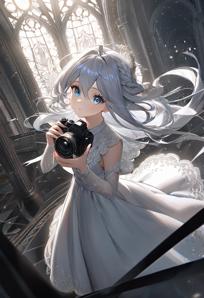 Eula from Genshin Impact, elegant lady, graceful pose, detailed face, beautiful eyes, detailed lips, long eyelashes, detailed facial features, black and white dress, intricate lace design, flowing hair, soft lighting, atmospheric setting, cinematic camera angle, photorealistic, ultra-detailed, 8k, high quality, masterpiece, digital art