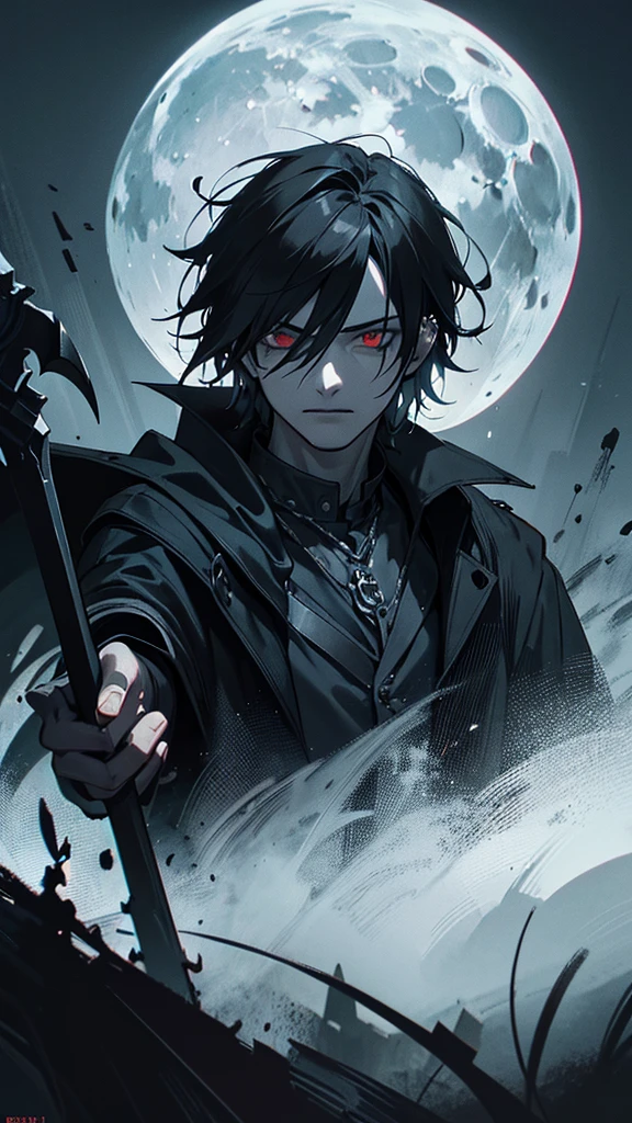 a male grim reaper, 20 years old, black hair, red eyes, piercing gaze, tattered black cloak, carrying a large scythe, moonlit night, bathed in moonlight, eerie atmosphere, dripping blood, 1 male, highly detailed face, dramatic lighting, realistic, dark fantasy, dramatic pose, chiaroscuro, cinematic, moody, supernatural, horror, gothic, dramatic shadows, ominous, supernatural, dark, gritty, photorealistic, hyper detailed, masterpiece