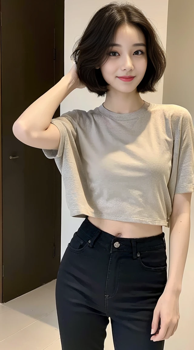 ((Best picture quality, 8K, Masterpiece:1.3)), 1 woman, Beautiful woman with a slim stomach:1.3，(black short hair), Straight pants，Casual wear:1.1, A particularly detailed face, Detailed eyes, Double eyelids，smile，suburb，